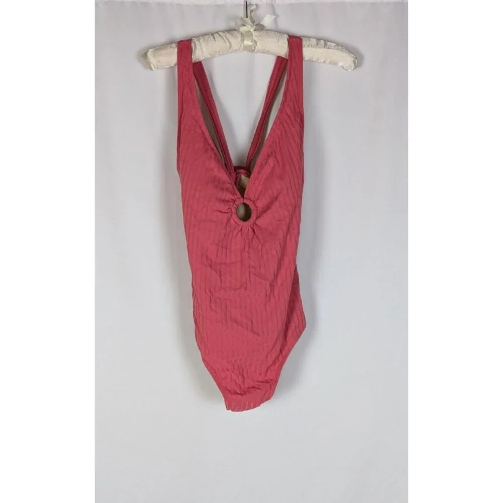 Kona Sol Women's Wide Ribbed Ring Medium Coverage One Piece Swimsuit Pink L